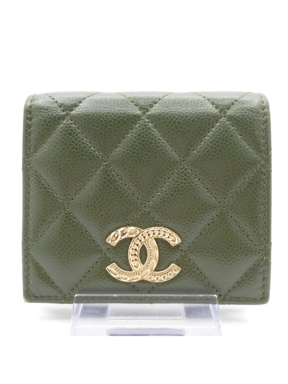 Chanel Bifold Wallet Quilted Khaki CC Logo